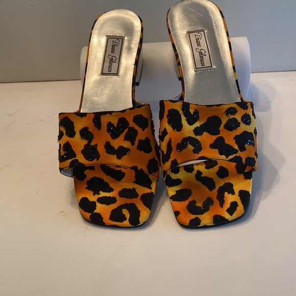 Diane Gilman leopard orange black sequin square toe chunky block heel slides - Picture 6 of 16